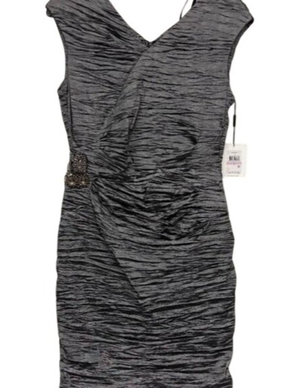 Calvin Klein Grey Ruched Rhinestone Jewel Gem Embellished Midi Dress Size 6